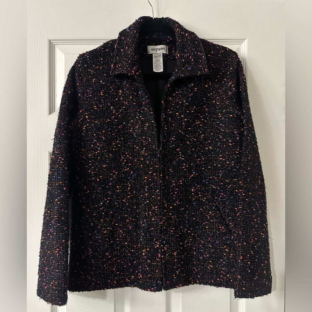 Easy Spirit Women's Black Tweed Blazer Jacket With Multicolor Accents Size S